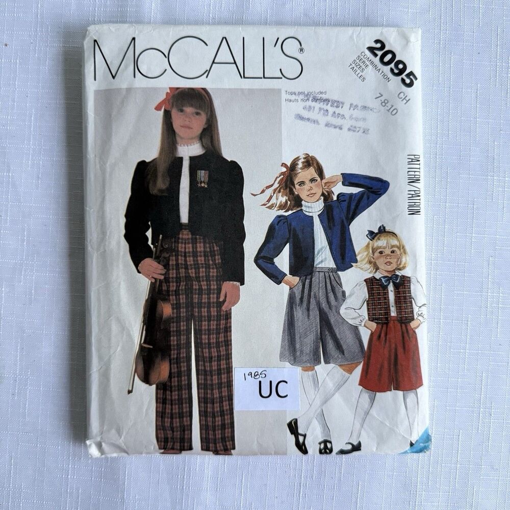 Vtg 80s McCalls 2095 Girl's Jacket Vest Culottes Pants Sewing Pattern Sz 7 8 10